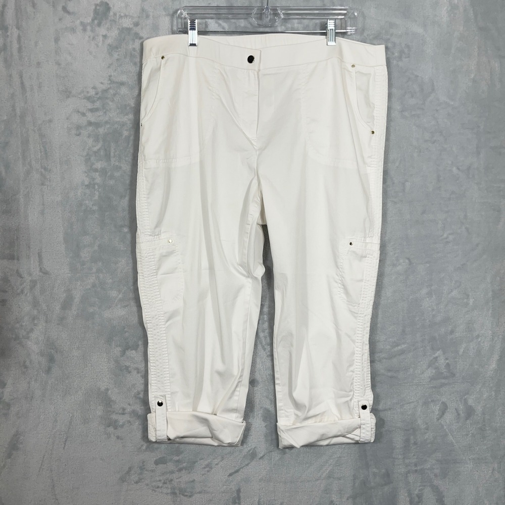 Chicos Women Cargo Crop Pants 3.5 (18) Petite White Cotton Cuff Stretch Utility
